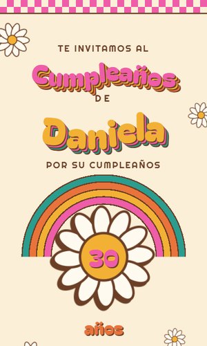 Invitación digital Groovy 70s: Una margarita suelta un arcoíris