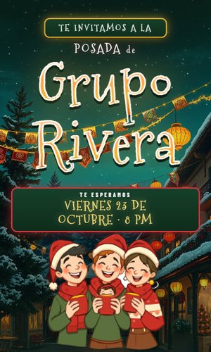 Invitación digital Posada: Se enciende el pino con campanitas y cae la nieve